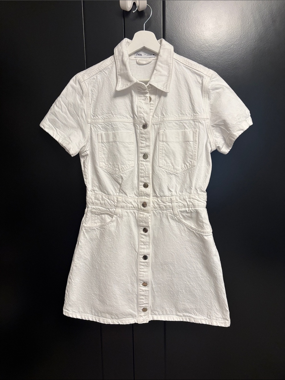 Zara White Short-Sleeve Button-Front Mini Dress